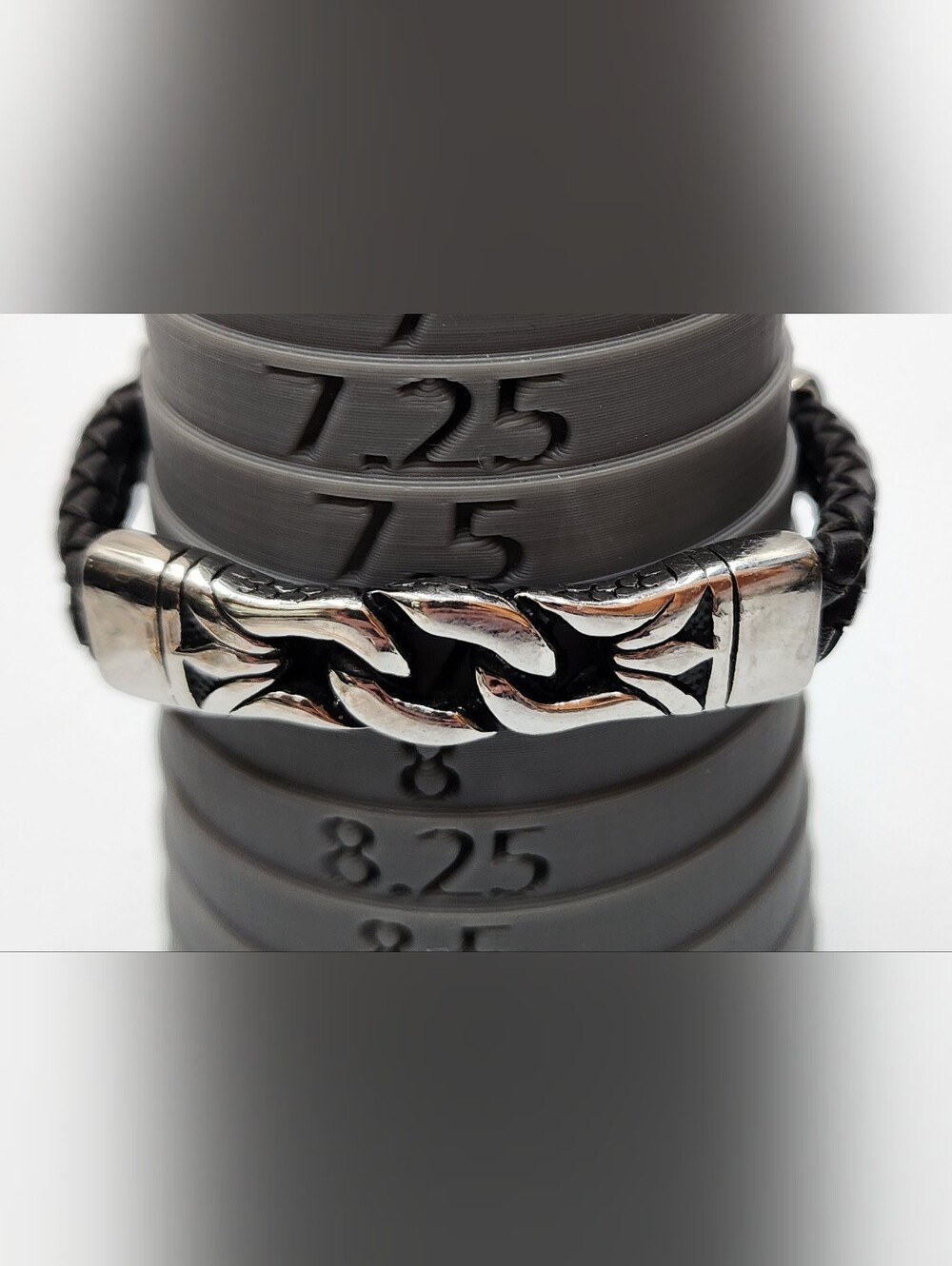 Men’s Spartan Etched Stainless Steel Black Braided Leather Tribal Biker Bracelet